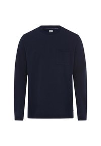 Himmelblaues Langarm-T-Shirt aus Baumwolle mit Rundhalsausschnitt und einer Brusttasche. Glatte Textur mit normaler Passform und ohne Muster.