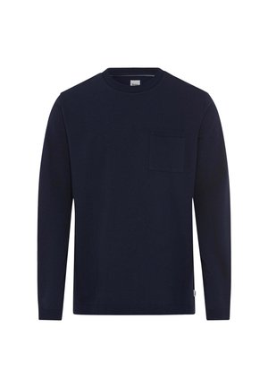 T-shirt a maniche lunghe in cotone di colore navy, con scollo a girocollo e taschino sul petto. Tessuto liscio, vestibilità regolare e senza motivi.