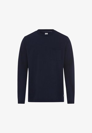T-shirt à manches longues navy en coton, avec un col rond et une poche poitrine. Texture lisse, coupe régulière et sans motifs.