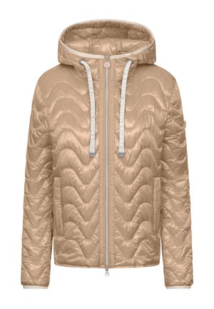 Lichtbeige gewatteerd jack met capuchon, ritssluiting aan de voorkant en merkgebonden trekkoorden, met een golvend stikselpatroon.