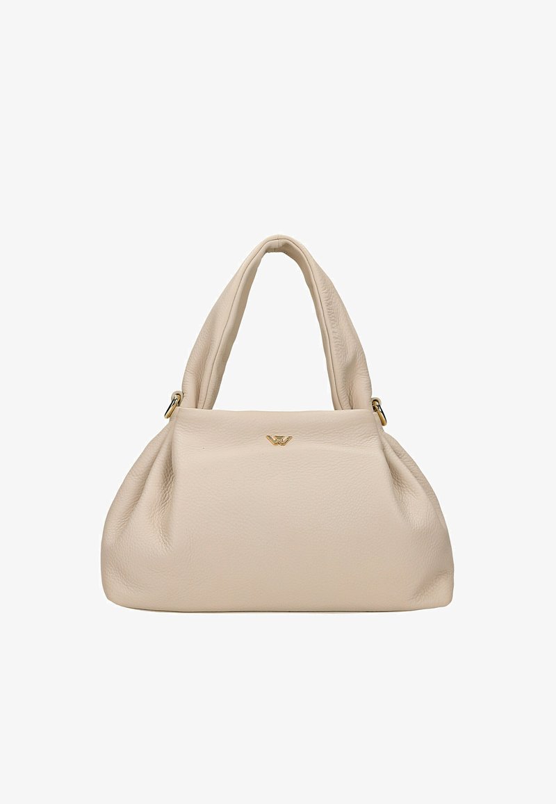 Sac à main en cuir beige avec texture douce, forme souple, doubles anses et petit détail de logo doré au centre avant.