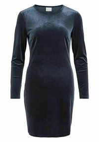 Robe en velours bleu marine avec des manches longues, un col rond et une coupe ajustée, caractérisée par une texture lisse et un minimum de détails.