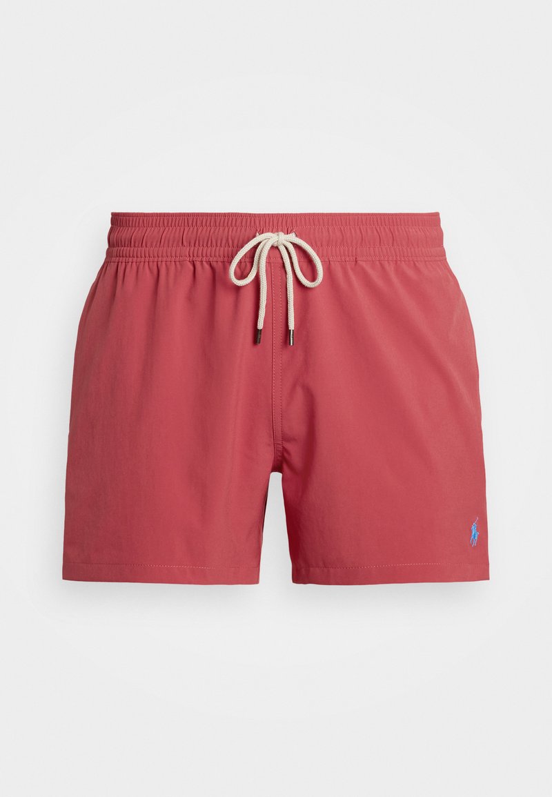 Röda badshorts i lättvävt material, med resårmidja och en beige dragsko samt en liten blå logotyp.