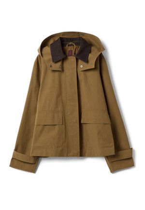 Bruine katoenen jas met capuchon, uitgerust met een ribfluwelen kraag, twee voorzakken en opgerolde manchetten. Versterkte stiksels zichtbaar.