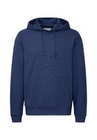 Navy blue hooded sweatshirt made of cotton blend, featuring a front kangaroo pocket, ribbed cuffs, and adjustable drawstring hood.