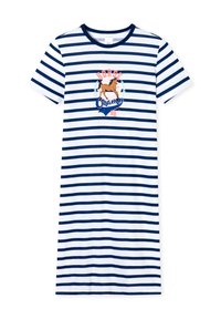 Mekko, jossa on merimiesraitoja tummansinisessä ja valkoisessa, lyhyillä hihoilla, keskellä hevoskuvio ja teksti. Valmistettu pehmeästä kankaasta.