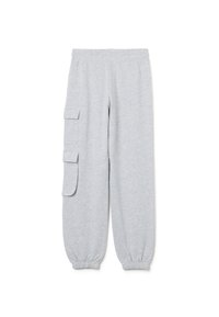 Graue Sweatpants mit einem elastischen Taillenbund und elastischen Bündchen. Sie verfügen über zwei Seitentaschen auf den Oberschenkeln für zusätzlichen Stauraum.