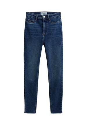 Slanke blauwe spijkerbroek van denim. Heeft een hoge taille, een traditionele vijf-pocketontwerp en een soepele textuur met subtiele vervaging.