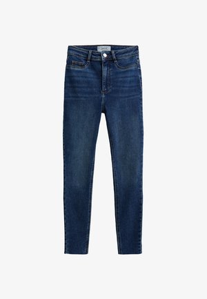 Jean skinny bleu en denim. Présente une taille haute, un design classique à cinq poches, et une texture lisse avec un léger délavage.