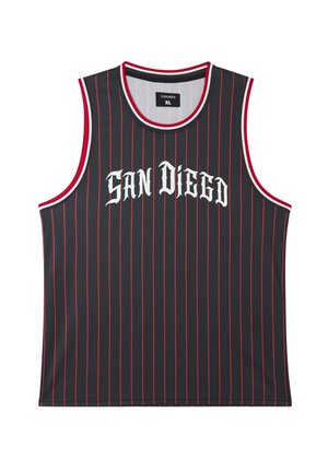 Canottiera sportiva nera con strisce verticali rosse. Presenta la scritta "SAN DIEGO" in bianco. Collo rotondo con bordi a contrasto rossi.