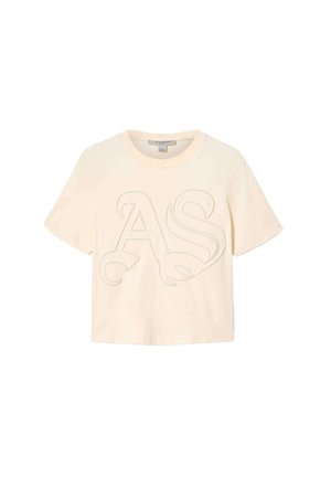 Koszulka z krótkim rękawem w kremowym kolorze, wykonana z bawełny, z wypukłym wzorem "AS" na przodzie, luźnym krojem i okrągłym dekoltem.