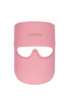 Pink LED facial mask with an opaque glossy finish. Features a cutout for eyes and a brand logo at the top center. Smooth texture.