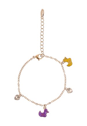Złota bransoletka z łańcuszkiem z zawieszkami w kształcie fioletowej kaczki, żółtej kaczki oraz dwóch srebrnych serc.