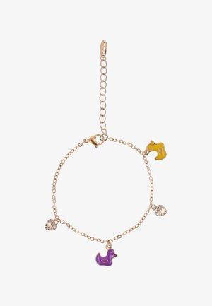 Brățară cu lanț de aur cu pandantive în formă de rață purpurie, rață galbenă și două inimi argintii.