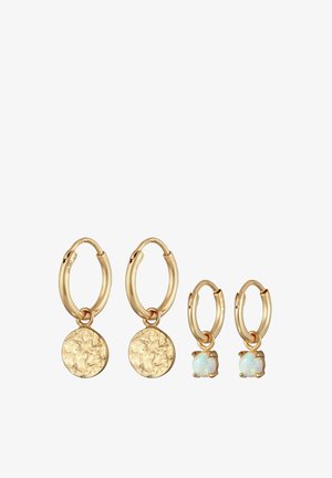 Zlaté kruhové náušnice s textúrovanými okrúhlymi pendajtmi a malými opalescentnými kameňmi. Hladký povrch s leštenými akcentmi, ktorý ukazuje dva odlišné dizajny.