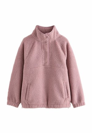 Pinkfarbener Sherpa-Fleece-Pullover mit Druckknopfleiste, hohem Kragen, Fronttaschen, elastischen Bündchen und Kordelzug am Saum.