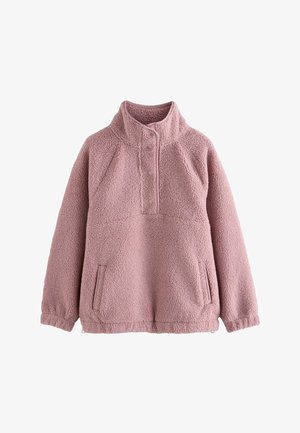 Pinkfarbener Sherpa-Fleece-Pullover mit Druckknopfleiste, hohem Kragen, Fronttaschen, elastischen Bündchen und Kordelzug am Saum.