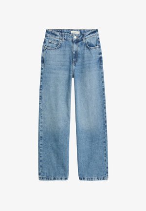 Široké modré džíny z denimu s středním omytem, se zadními kapsami a knoflíkovým zapínáním. Tkanina je měkká a má mírně texturovaný povrch.