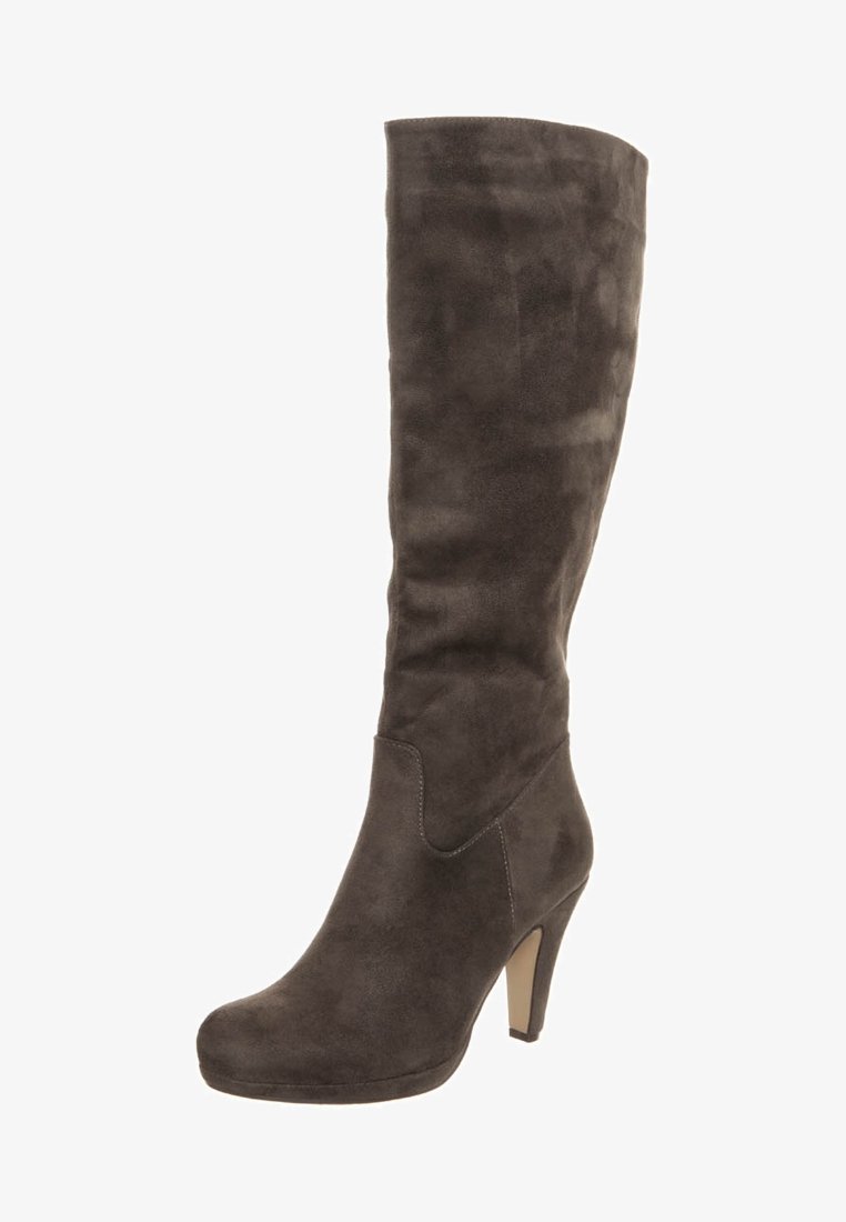 Botte femme en suède marron foncé montant jusqu'au genou, avec bout arrondi et talon effilé de hauteur moyenne.