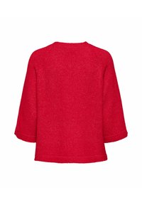 Rdeč pulover iz pletenine z okroglim izrezom, 3/4 rokavi in sproščenim krojem. Teksturirana tkanina z mehkim zaključkom.
