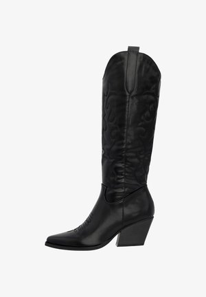 Stivale da cowboy in pelle nera con punta affusolata, gambale alto, cuciture decorative e tacco spesso. Texture liscia con una leggera lucentezza.