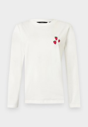 Langärmeliges weißes T-Shirt aus Baumwolle mit drei roten Erdbeer-Stickereien auf der linken Brustpartie.