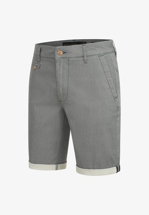 Gray patterned shorts with rolled cuffs, made from textured fabric. Features a button closure, front pockets, and contrasting details.