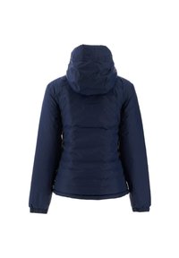 Marineblauwe pufferjack met een capuchon, met een getailleerde vorm, elastische manchetten en een gestructureerd oppervlak. Achteraanzicht weergegeven.