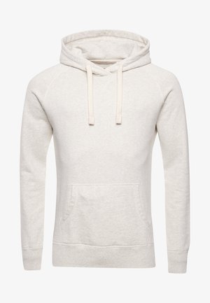 Hellbeiges Kapuzensweatshirt mit Kordelzug und vorderer Kängurutasche, langen Ärmeln sowie gerippten Bündchen und Saum.