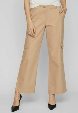 Beige wide-leg cargo pants with side pockets, made from a lightweight fabric. Features belt loops and a front button closure.