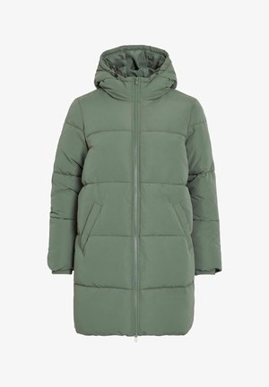 Kafija mētelis izbalinātā zaļā krāsā, ar kapuci, priekšējo rāvējslēdzi, sānu kabatām un dūnu šuvēm izolācijai. Poliestera pildījums.