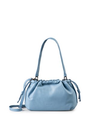 Light blue leather handbag with gathered top, drawstring sides, short handle, and detachable shoulder strap on white background.