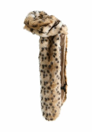 Faux-Fur-Schal mit braunem Grund und schwarzen Leopardenflecken. Weiche Textur, verdrehtes Design und verstellbare Länge für vielseitige Stylings.