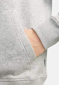Sudadera gris con una textura suave, puños acanalados y un bolsillo frontal. Presenta un sutil bordado y una pequeña etiqueta con el logo en el lado.
