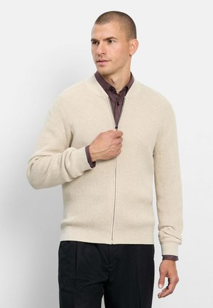 Mann trägt einen beigefarbenen Strickpullover mit Reißverschluss über einem dunklen Hemd und schwarzen Hosen, hält den Reißverschluss nahe am Hals und schaut zur Seite.