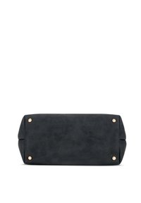 Base rectangulaire noire de sac avec quatre petits pieds en métal doré, matériau doux texturé, photographiée sur fond blanc.
