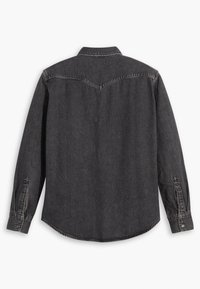 Mörkgrå denimskjorta med långa ärmar, spetsig krage, rundad fåll och knäppningar vid ärmslut. Har kontrasterande sömmar och goggle-detalj.