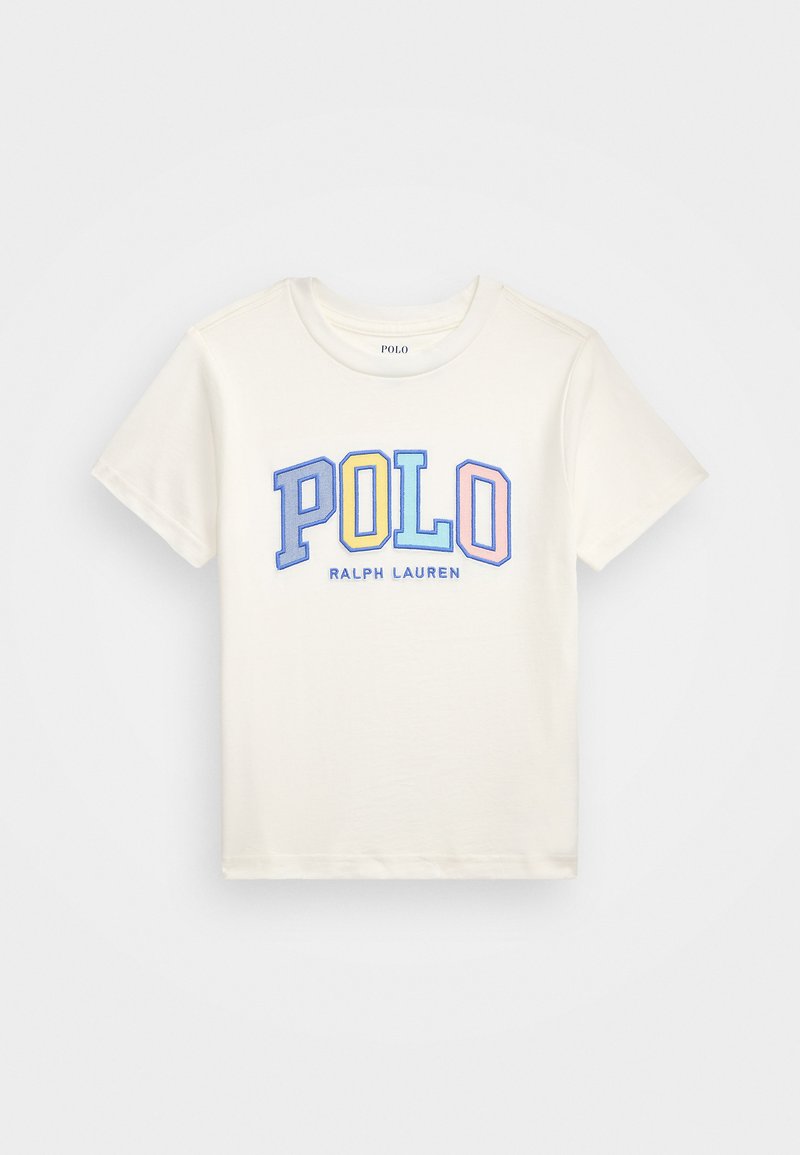 Krémové bavlněné tričko s krátkými rukávy, které má výrazné vícolor logo "POLO" a text "RALPH LAUREN" pod ním v tučném písmu.