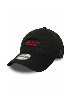 Black adjustable baseball cap with red embroidered text "MY CLUB IS BETTER THAN YOURS" and a red logo on the side.