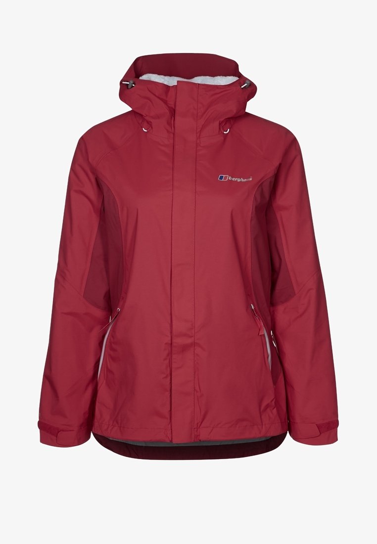 Röd vattentät jacka med texturerad yta, justerbar huva, zip-fickor och logodetalj. Funktioner inkluderar åtsittande ärmslut och en något avsmalnande design.