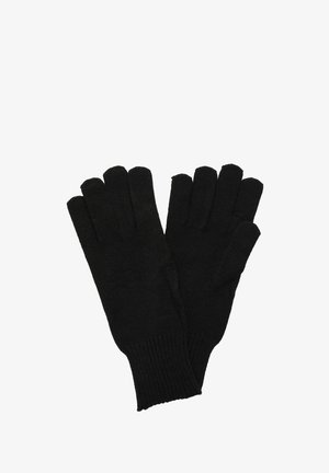 Gants en laine noirs tricotés avec un design à cinq doigts, des poignets côtelés et une texture lisse. Pas de motifs ou de matériel distincts présents.