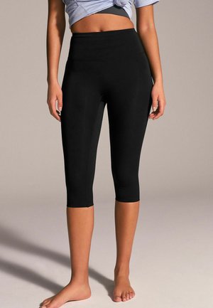 Black capri leggings with a high waistband, made of a smooth, stretchy material. Features a fitted design ending just below the knee.