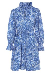 Blauwe bloemenjurk met een hoge gerimpelde kraag, lange mouwen met gerimpelde manchetten en een elastische taille. Gemaakt van lichte stof met een patroon.