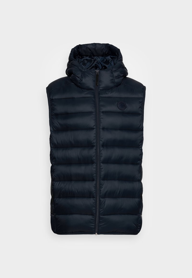 Navy blue quilted sleeveless puffer vest with front zipper and padded high collar, isolated on a light background.