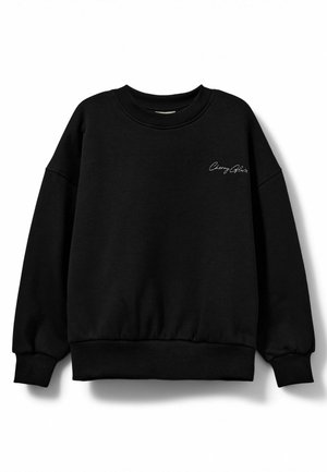 Schwarzer Sweatshirt mit geripptem Rundhalsausschnitt, langen Ärmeln und elastischen Bündchen. Mit besticktem Text auf der Vorderseite in Weiß. Weicher Stoff.
