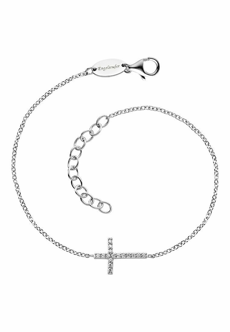 Bracciale in argento con un incrocio decorativo ornato di gemme trasparenti, rifinito con una chiusura a gancio e catena regolabile.