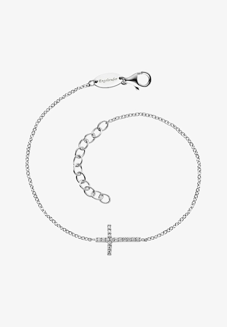 Bracciale in argento con un incrocio decorativo ornato di gemme trasparenti, rifinito con una chiusura a gancio e catena regolabile.