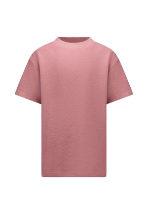 Roze T-shirt met korte mouwen gemaakt van gestructureerde stof, met een ronde halslijn en een losse pasvorm, achteraan weergegeven.