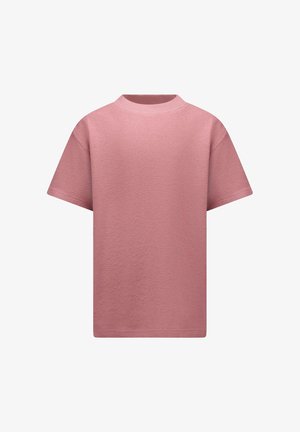 Roze T-shirt met korte mouwen gemaakt van gestructureerde stof, met een ronde halslijn en een losse pasvorm, achteraan weergegeven.