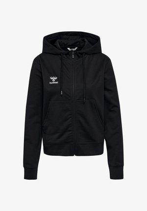 Schwarze Zip-Hoodie mit Kapuze zum Zuziehen, Kängurutaschen, gerippten Bündchen und einem gestickten Logo auf der linken Vorderseite. Weicher Stoff.